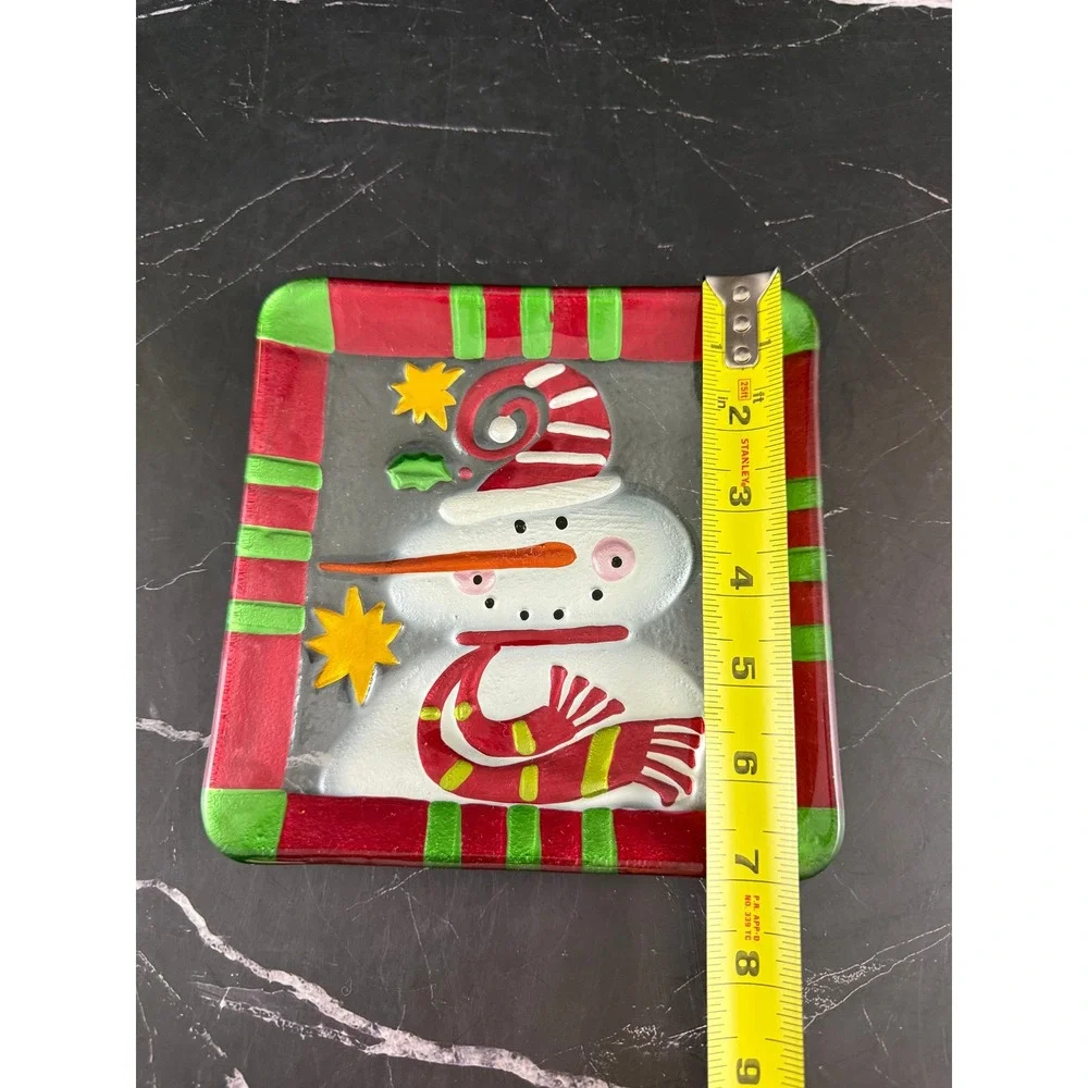 VTG Pier 1 Imports Jolly Holiday Art Glass Christmas Snowman 7in Square Plate